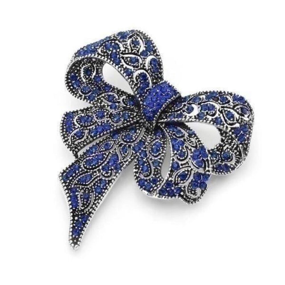 Blue Silver Rhinestone Bowknot Vintage Deco style brooch pin